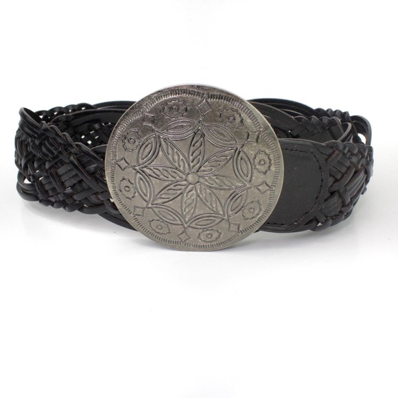 New York & Co Braided Brown Leather Belt Silver Medallion Buckle - Picture 1 of 14
